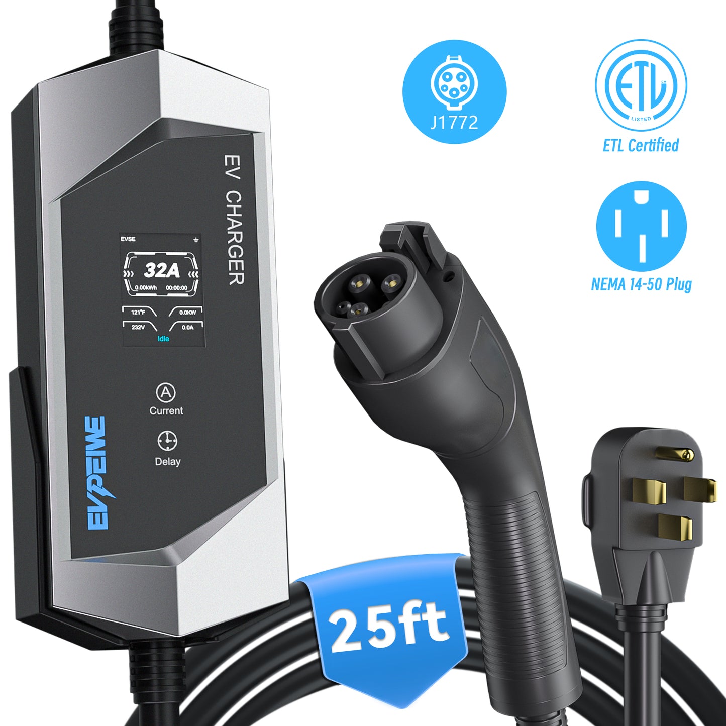 EVPEIWE 32A J1772 Tragbares EV-Ladegerät mit NEMA 14-50, 7,6 m Kabel, Schwarz/Silber Optional
