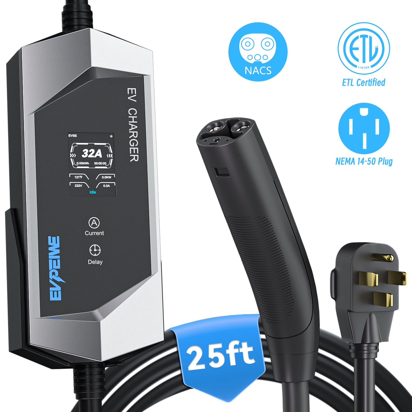 EVPEIWE NACS Tragbares EV-Ladegerät, NEMA-Stecker 6-16/32/40A Einstellbar, 7,62 m Kabel, Schwarz/Silber Optional
