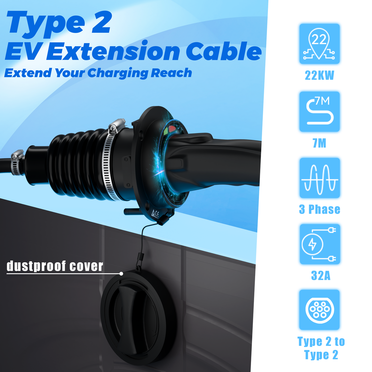 EVPEIWE Type2 Male to Female EV Extension Cable, Single/Three Phase 32A(7.2/22KW), 5M/7M Available
