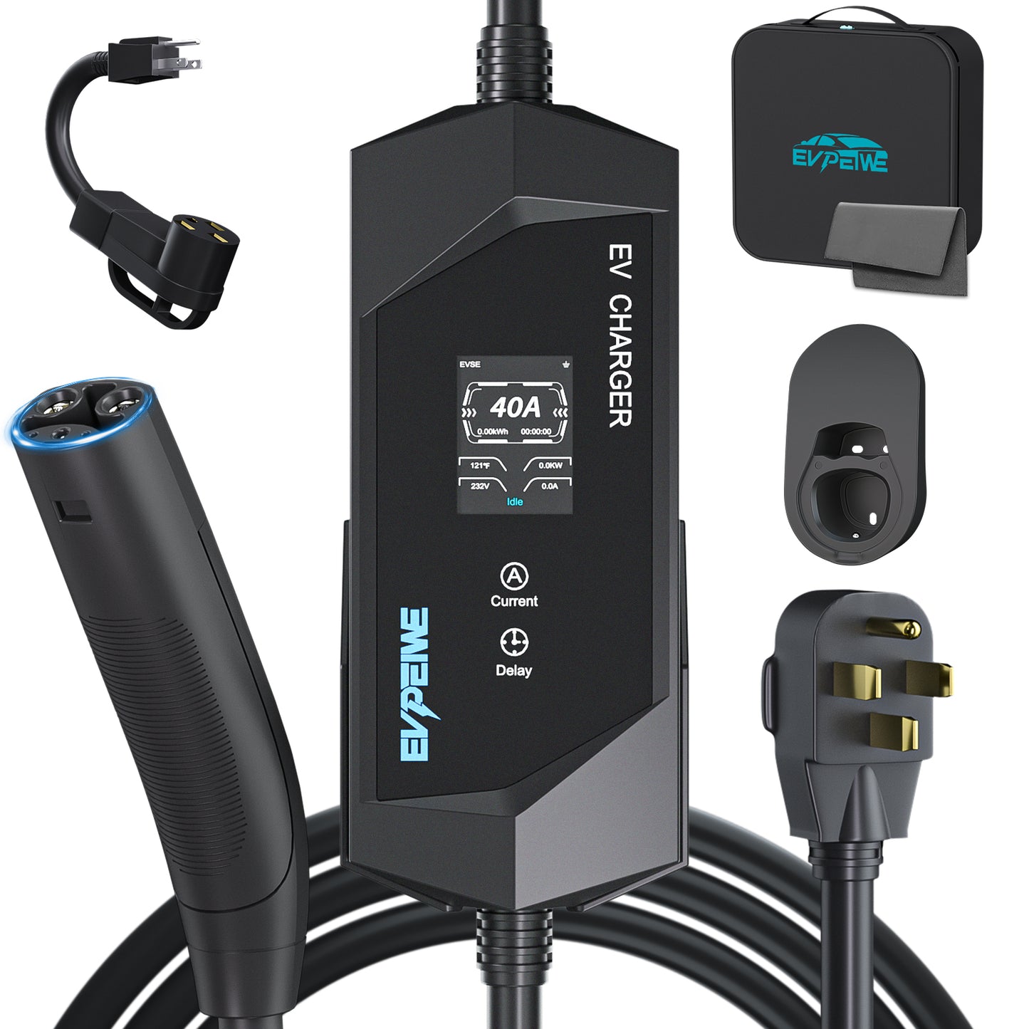EVPEIWE NACS Portable EV Charger, NEMA Plug 6-16/32/40A Adjustable,25FT Cord,Black/Silver Optional