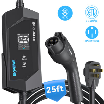 Caricabatterie portatile EVPEIWE 40A J1772 per veicoli elettrici con spina NEMA 14-50, cavo da 7,6 m, nero/argento opzionale