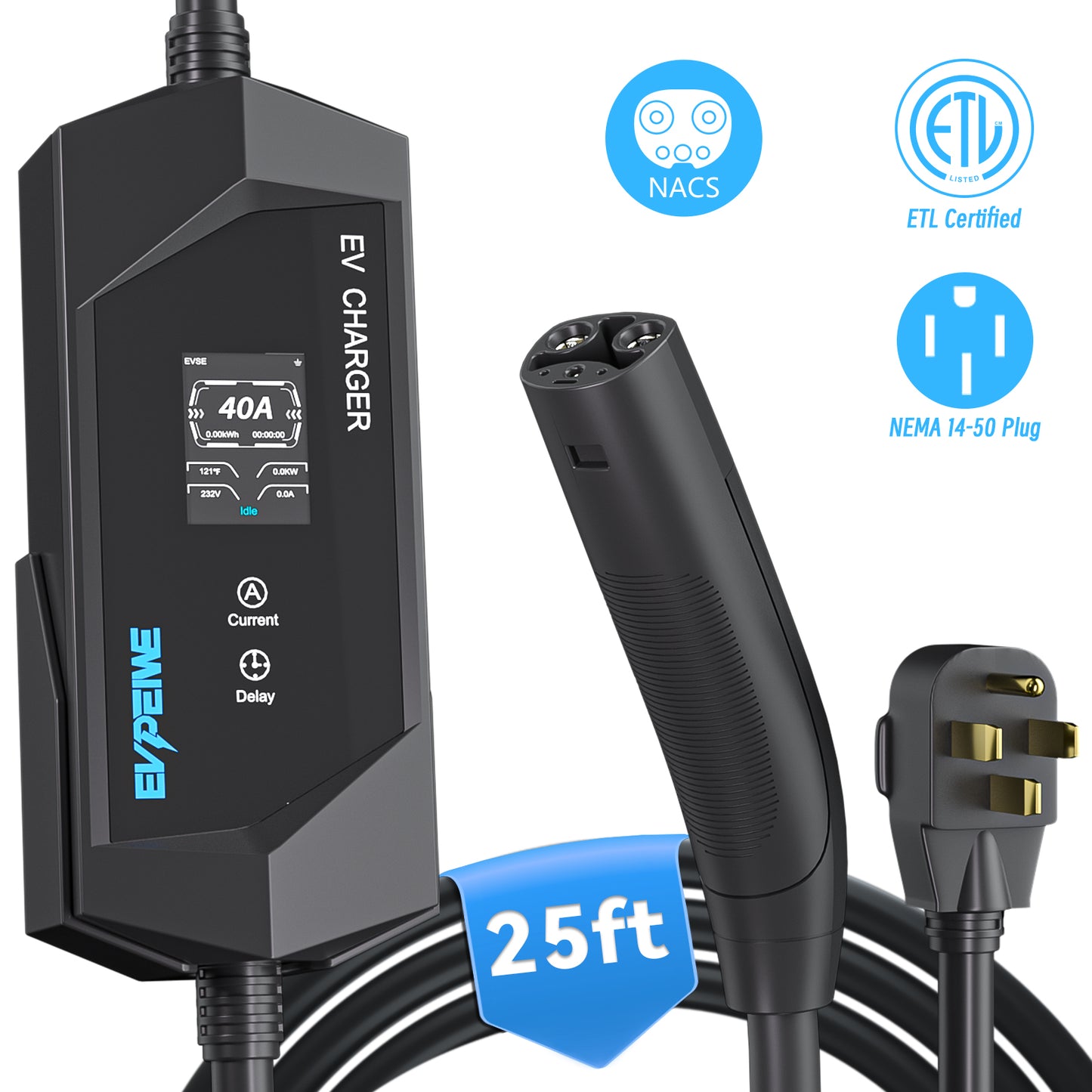 EVPEIWE NACS Tragbares EV-Ladegerät, NEMA-Stecker 6-16/32/40A Einstellbar, 7,62 m Kabel, Schwarz/Silber Optional