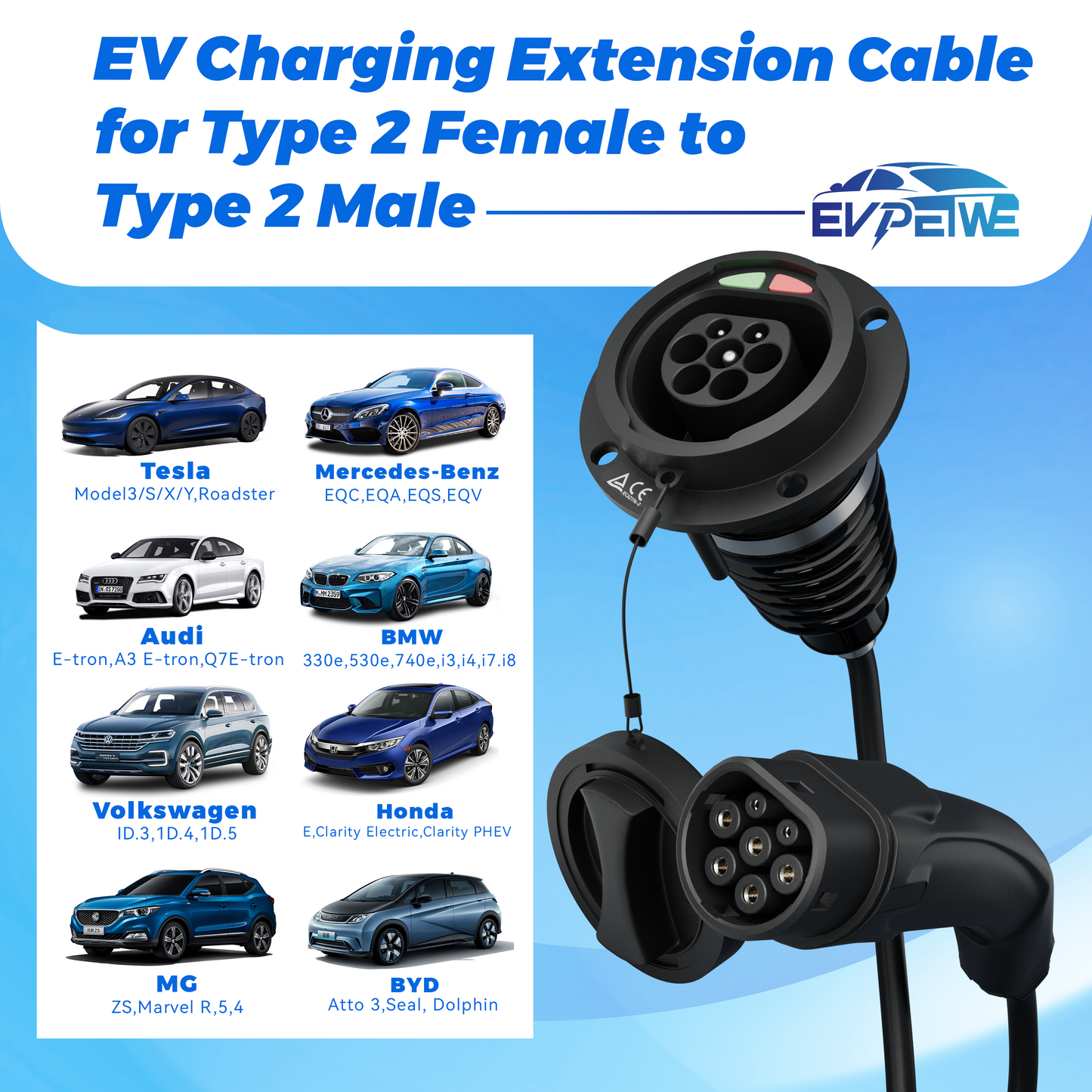 EVPEIWE Type2 Male to Female EV Extension Cable, Single/Three Phase 32A(7.2/22KW), 5M/7M Available