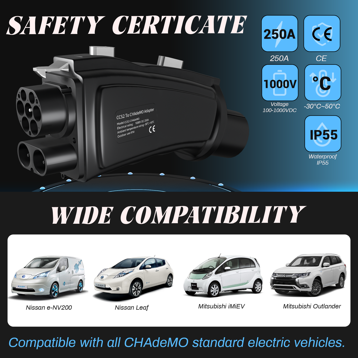 EVPEIWE CCS2 to CHAdeMO Charging Adapter 250A 1000V