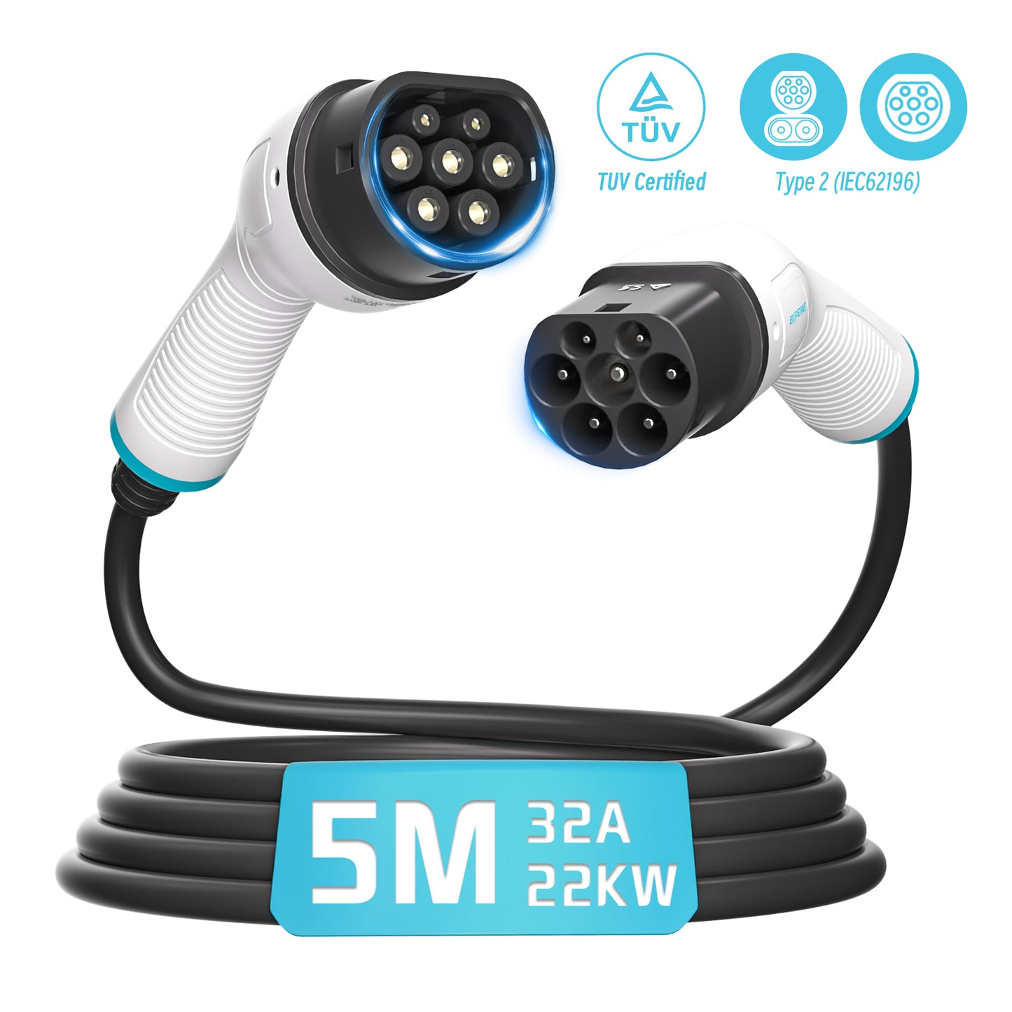 EVPEIWE Type 2 to Type 2 Charging Cable 32A 7.2kW/22kW | IEC 62196 | 5/7/10M