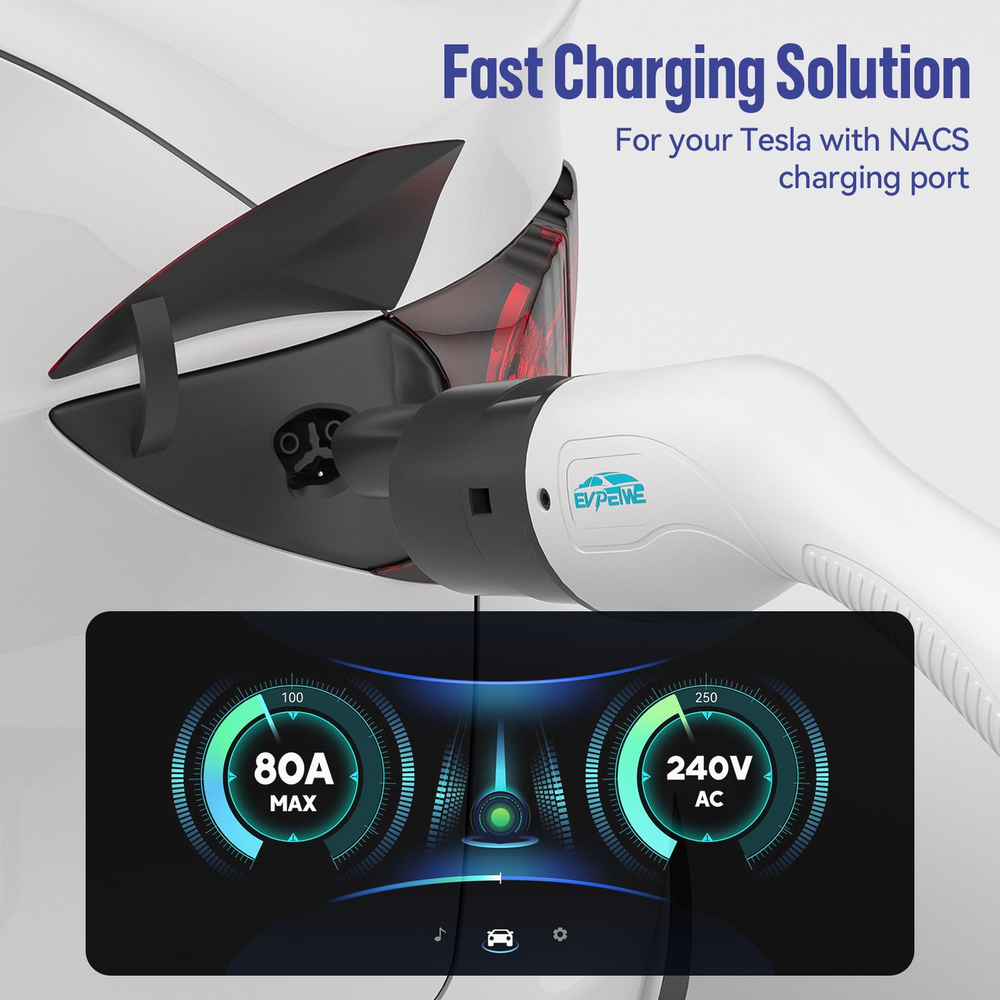 Type 2 to NACS Adapter for Tesla, 80A/240V